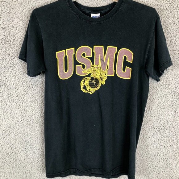 Vintage USMC Black T Shirt Faded Logo Size Small Thin Cotton - Picture 1 of 5